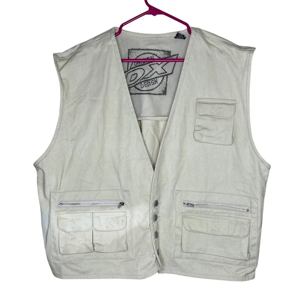 Double Exposure Original DX Design Mens Utility Vest Beige Cotton Multi-Pocket L